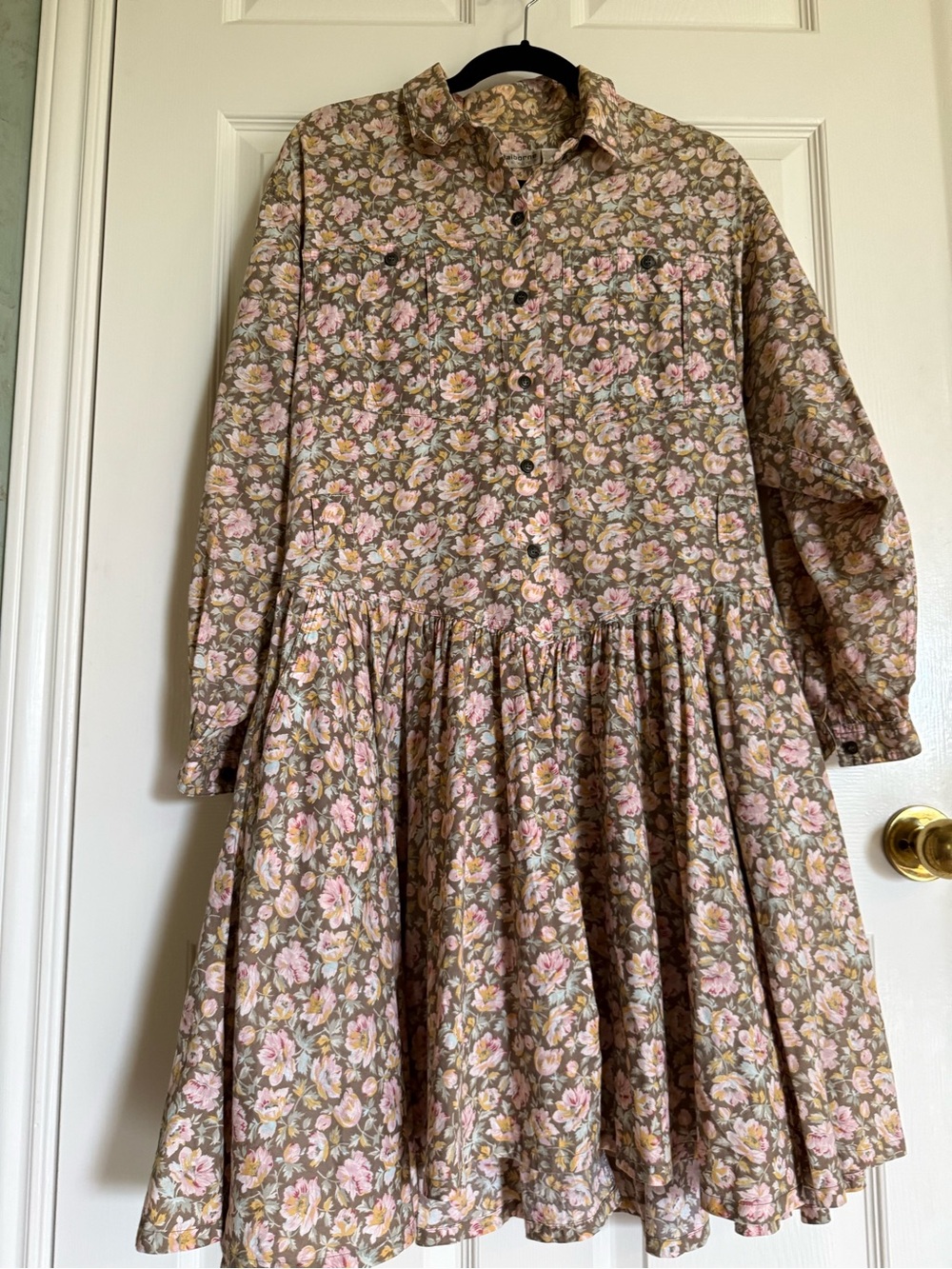 Liz Claiborne Vintage Romantic Floral Cotton Shirt Dress in Pink and Brown